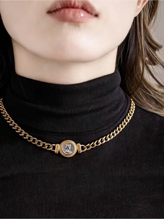 Anthropologie Jewelry - 18K Gold Plated Coin Pendant Curb Chain Necklace Cuban Style